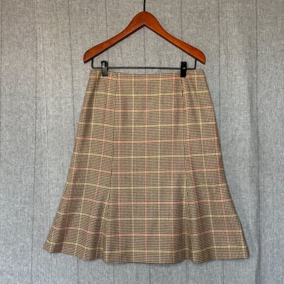 80s Vintage Talbots Houndstooth Brown Plaid 100% Wool  Tuiip Midi Skirt Size 12 - Picture 1 of 11